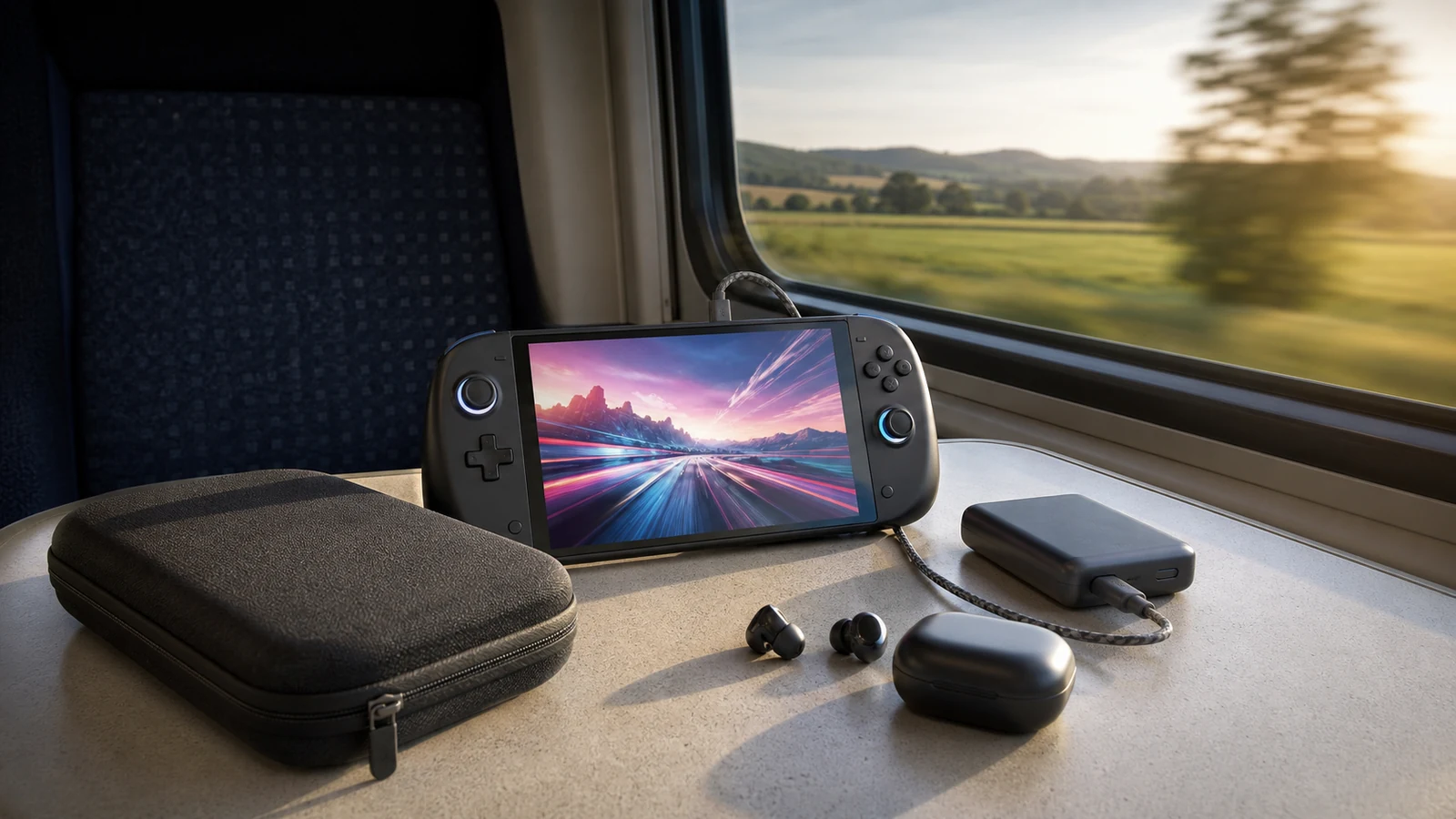 Herní handheld s powerbankou při cestování vlakem