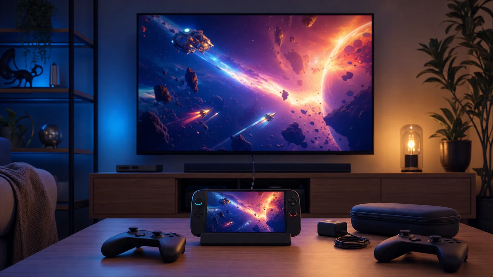 Herní handheld připojený přes dok k televizi